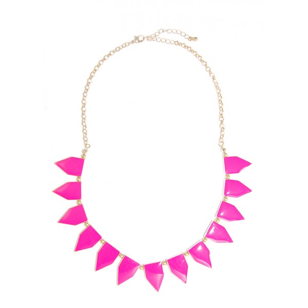 Hot Pink Enamel Geometric Tab Gold Toned Necklace